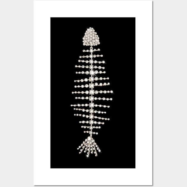 Stylish and fashionable chandelier earring of a fish skeleton filled with diamonds and diamanté's Wall Art by Tana B 